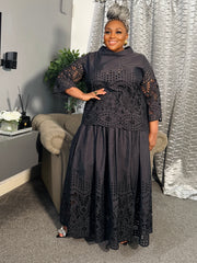Midnight Elegance Eyelet Skirt Set